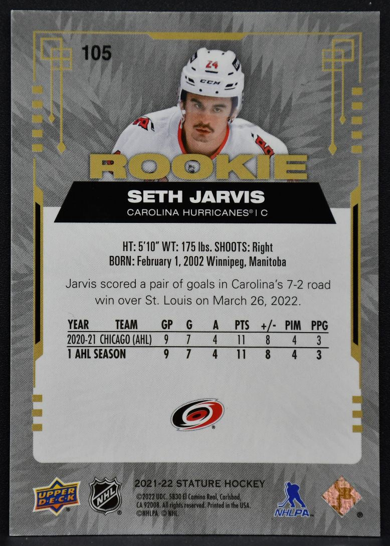 2021-22 Upper Deck Stature Rookie Seth Jarvis 105 Carolina Hurricanes RC 336/399 2110