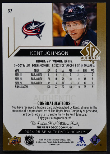 2024-25 SP Authentic Auto Limited Kent Johnson 37 Columbus Blue Jackets Auto