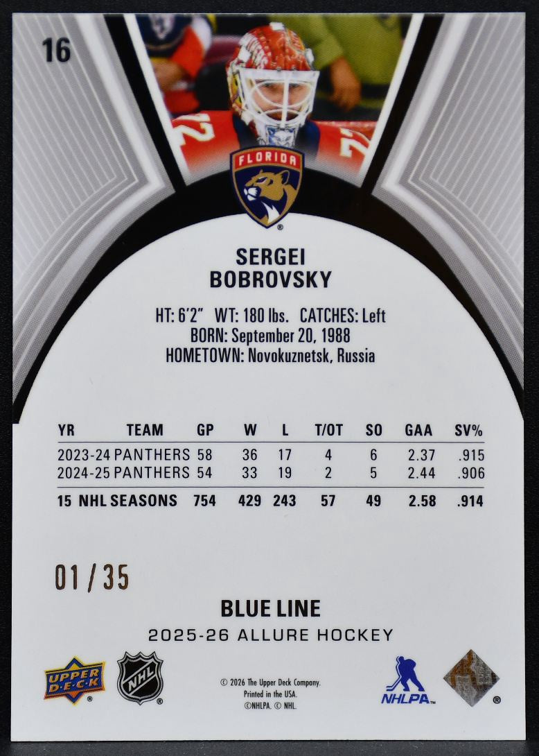 2025-26 Upper Deck Allure Blue Line Sergei Bobrovsky 16 Panthers 01/35 5200