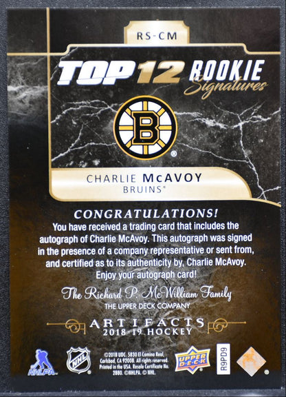 2018-19 UD Artifacts Top 12 Rookie Signatures Charlie McAvoy Bruins RC Auto 5189