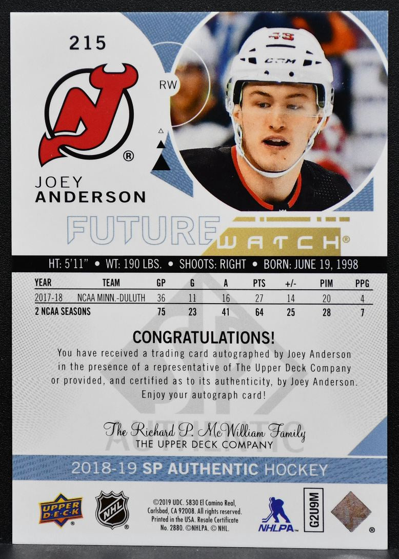 2018-19 SP Authentic Future Watch Auto Joey Andersson Devils RC Auto 8153