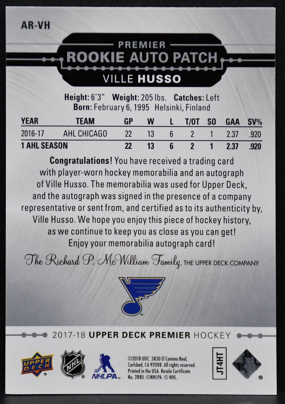 2017-18 UD Premier Rookie Auto Patch Ville Husso AR-VH RC Auto 188/299