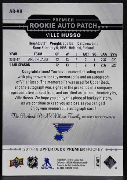 2017-18 UD Premier Rookie Auto Patch Ville Husso AR-VH RC Auto 188/299