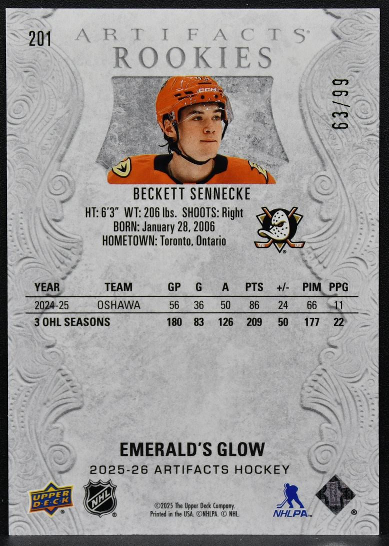 2025-26 Artifacts Rookies Emerald's Glow Beckett Sennecke 201 RC 63/99 6285
