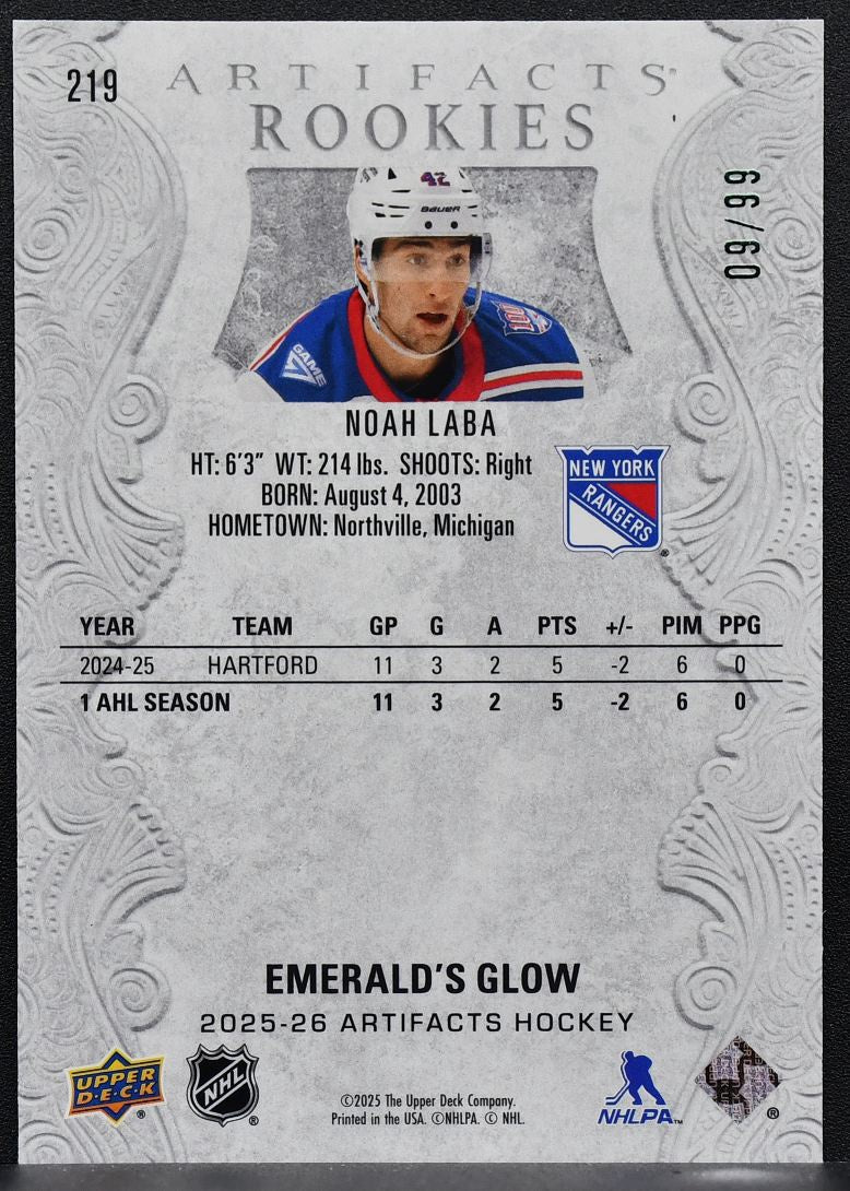 2025-26 Upper Deck Artifacts Rookies Emerald's Glow Noah Laba 219 RC 09/99 6551