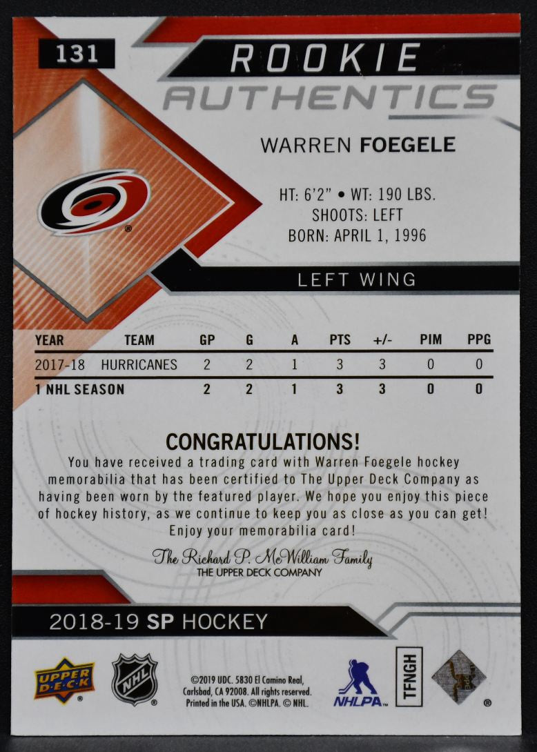2018-19 SP RC Authentics Jersey Warren Foegele 131 Carolina Hurricanes RC Jersey 6775