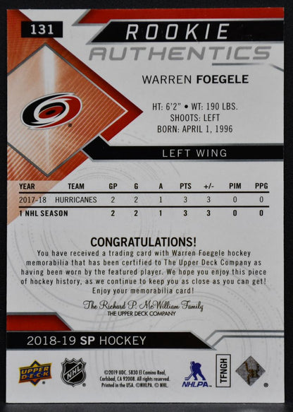 2018-19 SP RC Authentics Jersey Warren Foegele 131 Carolina Hurricanes RC Jersey 6775