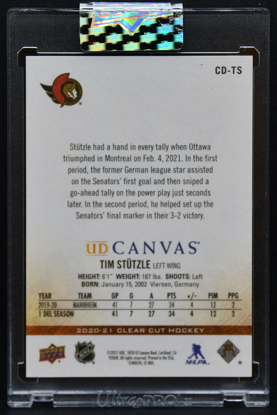 2020-21 UD Clear Cut Rookie Debut UD Canvas Tim Stutzle CD-TS Senators RC 4241