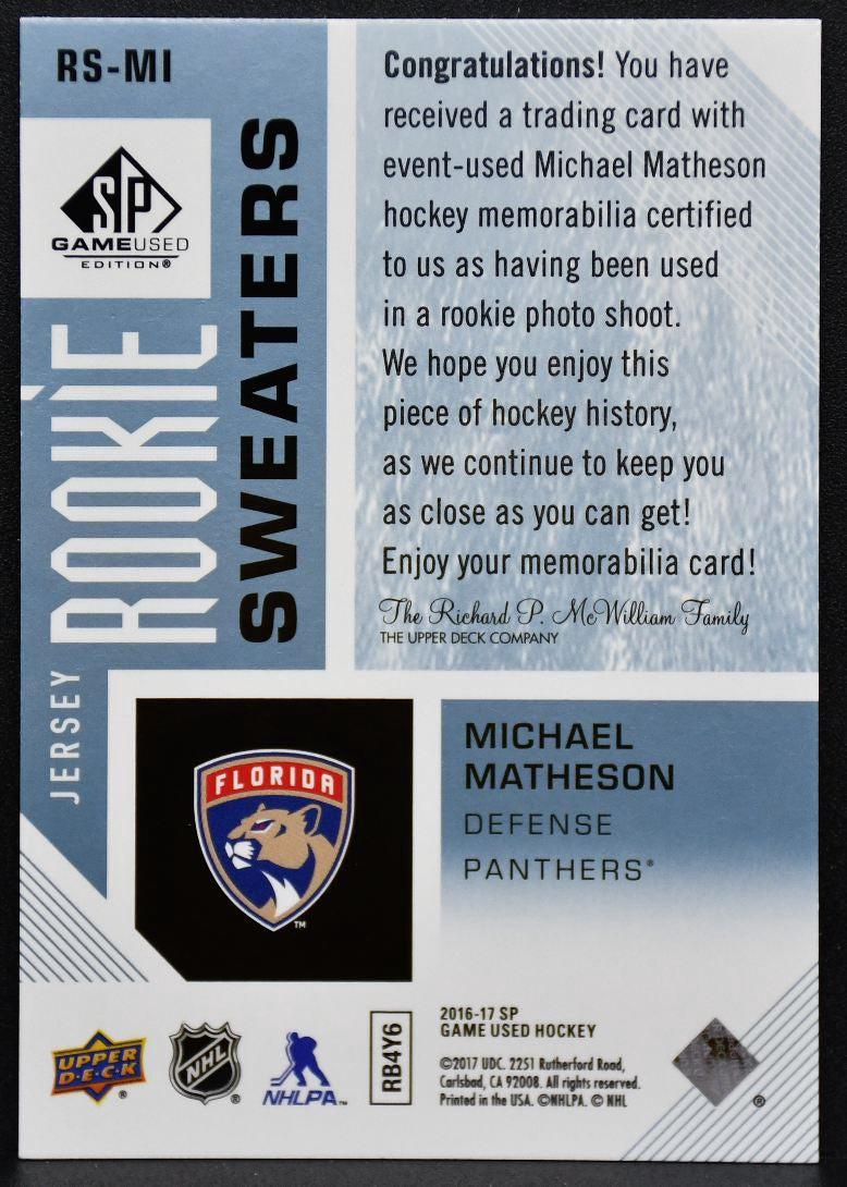 16-17 SP Game Used RC Sweaters Michael Matheson RS-MI Panthers RC 368/499 Jersey 4367