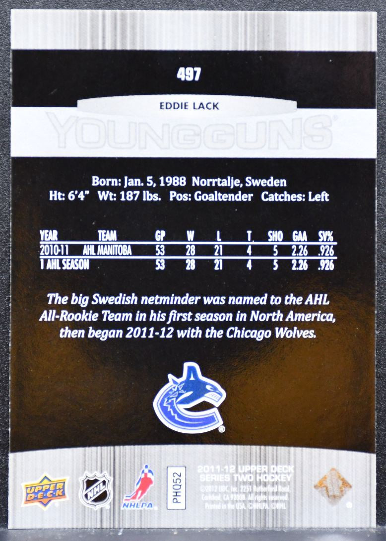 2011-12 Upper Deck Series 2 Young Guns Eddie Lack 497 Vancouver Canucks RC 8277