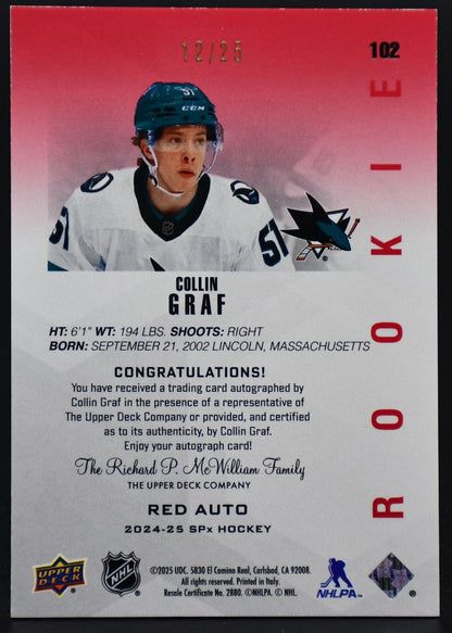 2024-25 SPx Auto Red Collin Graf 102 San Jose Sharks Auto 12/25