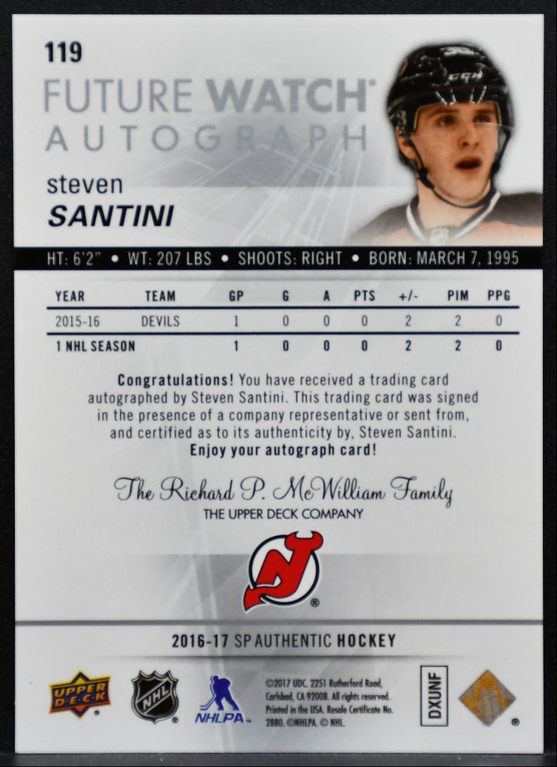 2016-17 SP Authentic Future Watch Auto Steven Santini RC Auto 250/999 9366