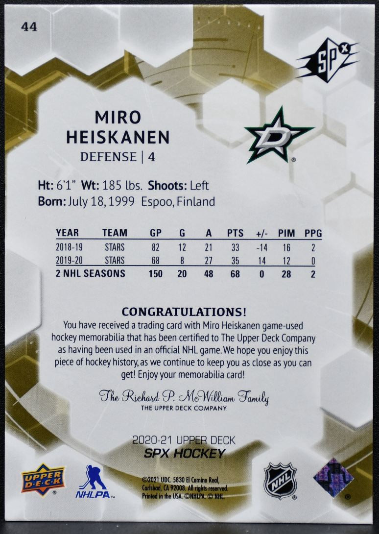 2020-21 SPx Jersey Miro Heiskanen 44 Jersey 0680