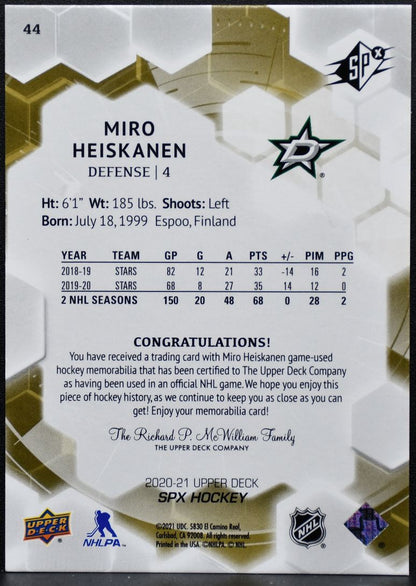 2020-21 SPx Jersey Miro Heiskanen 44 Jersey 0680