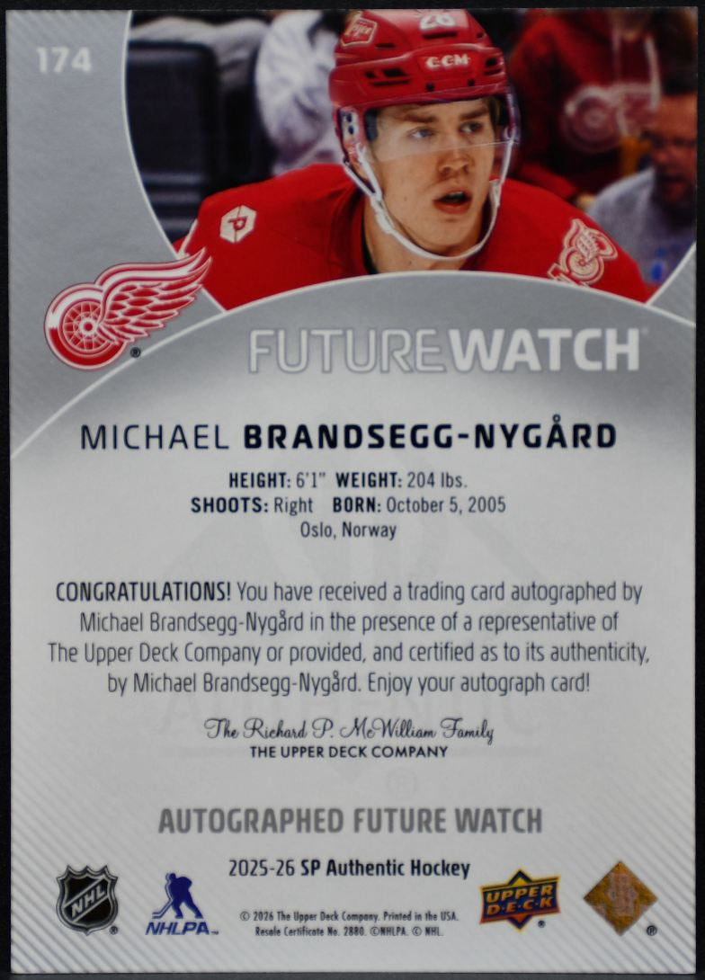 2025-26 SP Auth Future Watch Horiz Brandsegg-Nygård Wings RC Auto /599 7014