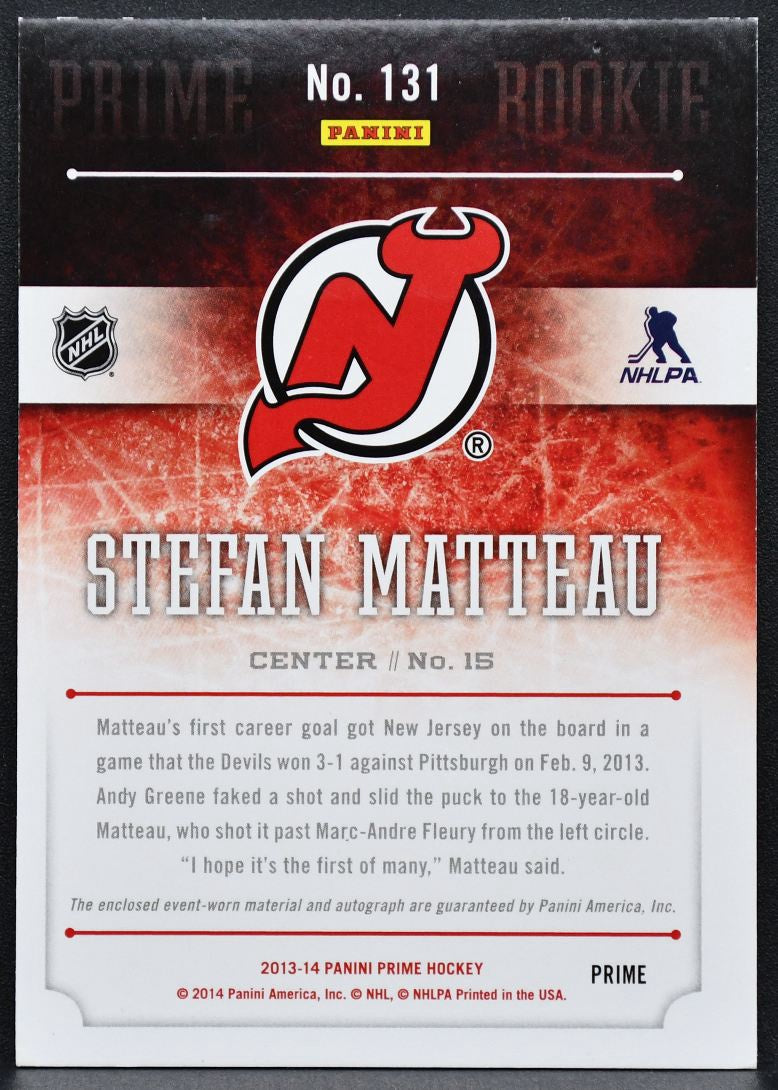2013-14 Panini Prime Jersey Matteau 131 Devils RC Auto 189/199 Jersey 0416