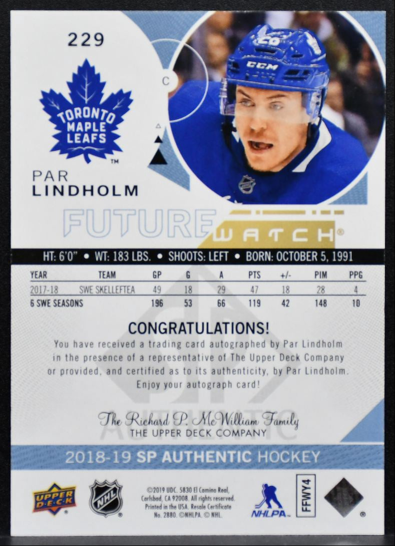 2018-19 SP Authentic Future Watch Auto Par Lindholm RC Auto 937/999 9755