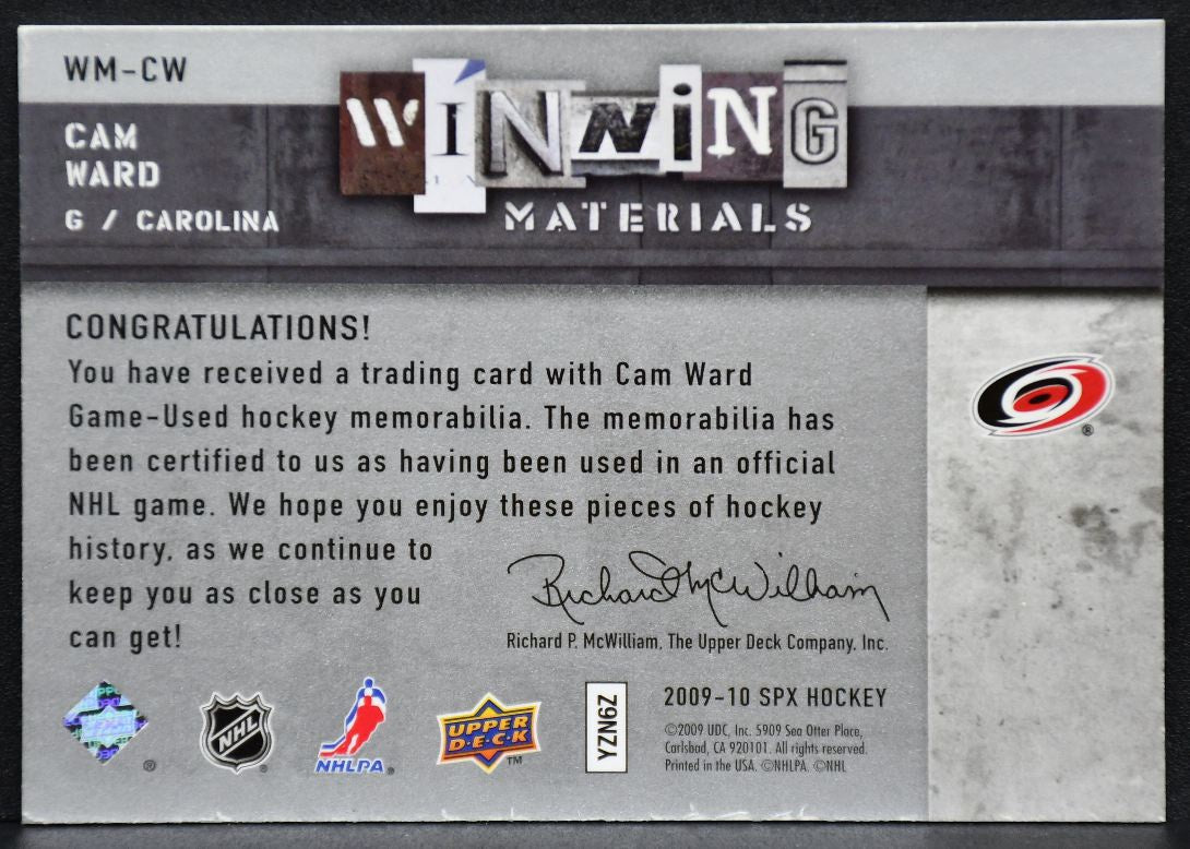 2009-10 SPx Winning Materials Cam Ward WM-CW Carolina Hurricanes Jersey 4138