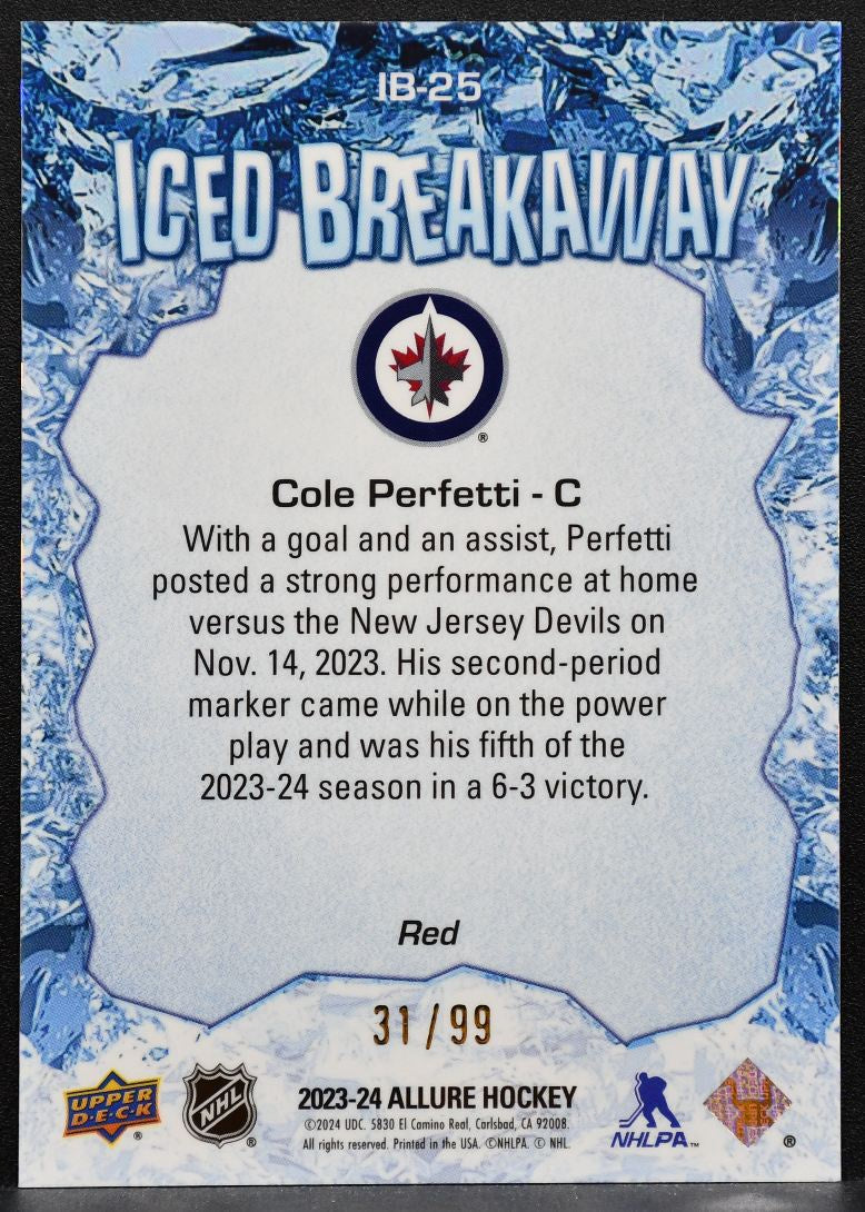 2023-24 UD Allure Iced Breakaway - Red Cole Perfetti IB-25 Jets 31/99 3062