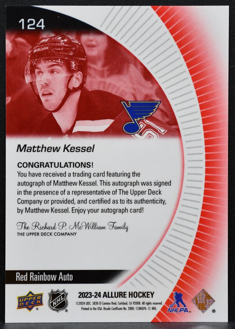 2023-24 UD Allure Rookie Red Rainbow Auto Matthew Kessel 124 Blues RC Auto 2225