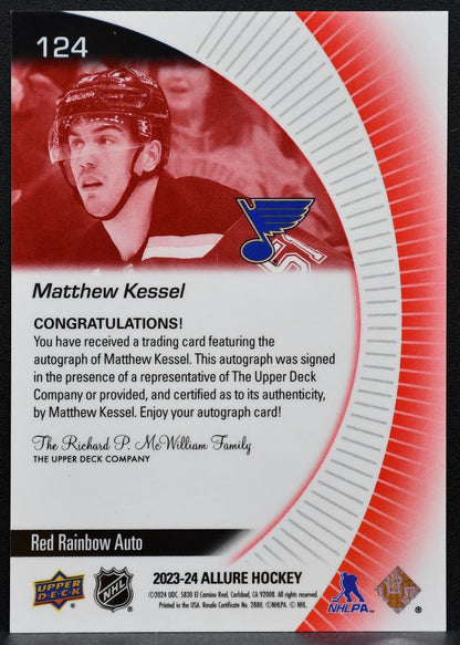2023-24 UD Allure Rookie Red Rainbow Auto Matthew Kessel 124 Blues RC Auto 2225