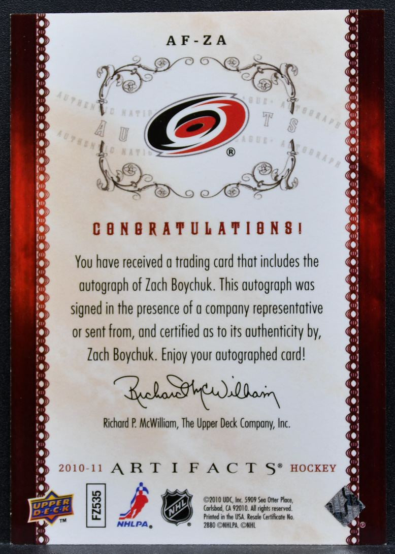 2010-11 Upper Deck Artifacts Auto-Facts Zach Boychuk AF-ZA Hurricanes Auto 1665