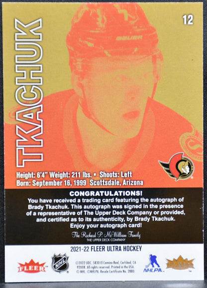 2021-22 Fleer Ultra Auto Brady Tkachuk 12 Ottawa Senators Auto 5288