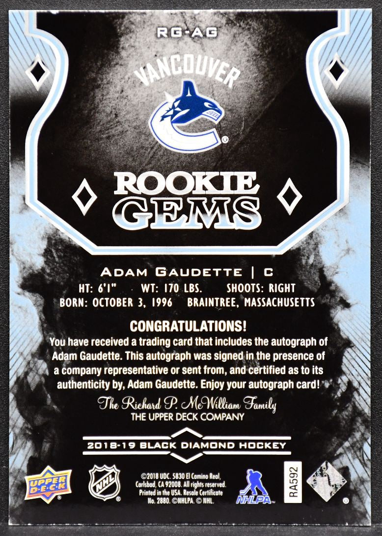 2018-19 UD Black Diamond Rookie Gems Adam Gaudette RG-AG RC Auto 120/199