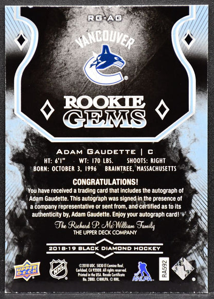 2018-19 UD Black Diamond Rookie Gems Adam Gaudette RG-AG RC Auto 120/199