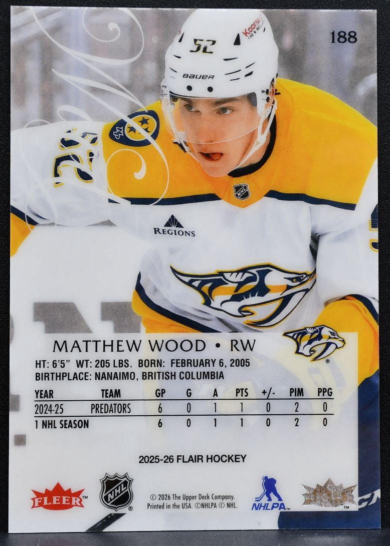 2025-26 Flair Rookie Matthew Wood 188 Nashville Predators RC 9287