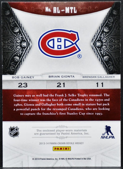 2013-14 Crown Royale Royal Lineage Mat Gainey/Gallagher/Gionta Jersey 0030