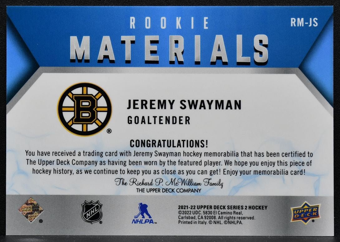 2021-22 Upper Deck Series 2 Rookie Materials Jeremy Swayman RM-JS RC Jersey 9460