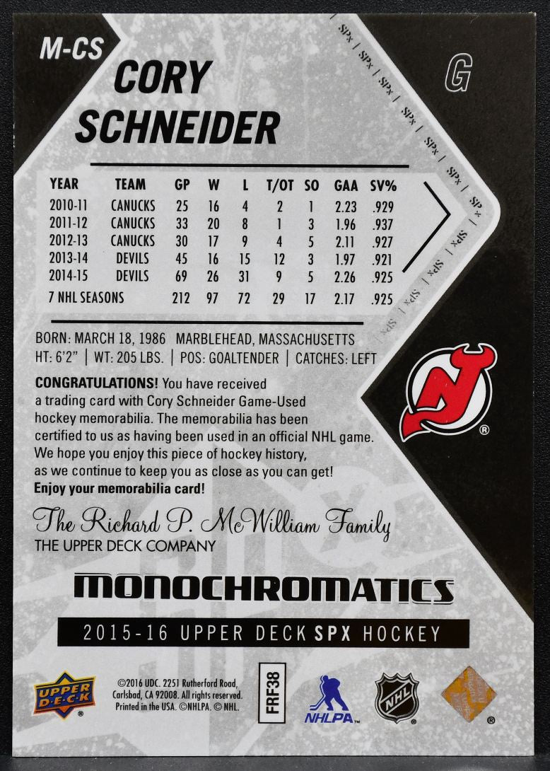 2015-16 SPx Monochromatics Jersey Cory Schneider M-CS Devils Jersey 2721