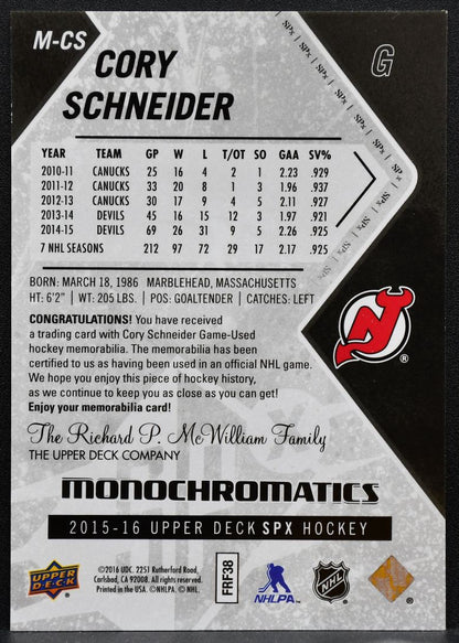 2015-16 SPx Monochromatics Jersey Cory Schneider M-CS Devils Jersey 2721