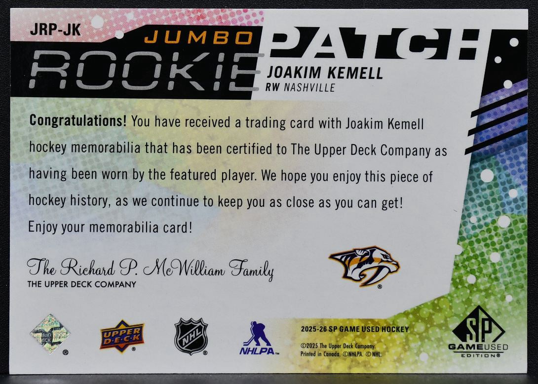 2025-26 SP Game Used Jumbo Rookie Patch Joakim Kemell JRP-JK RC 11/25 Patch 6780