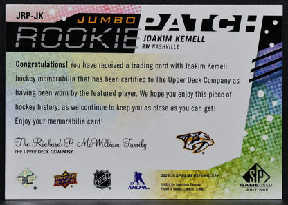 2025-26 SP Game Used Jumbo Rookie Patch Joakim Kemell JRP-JK RC 11/25 Patch 6780