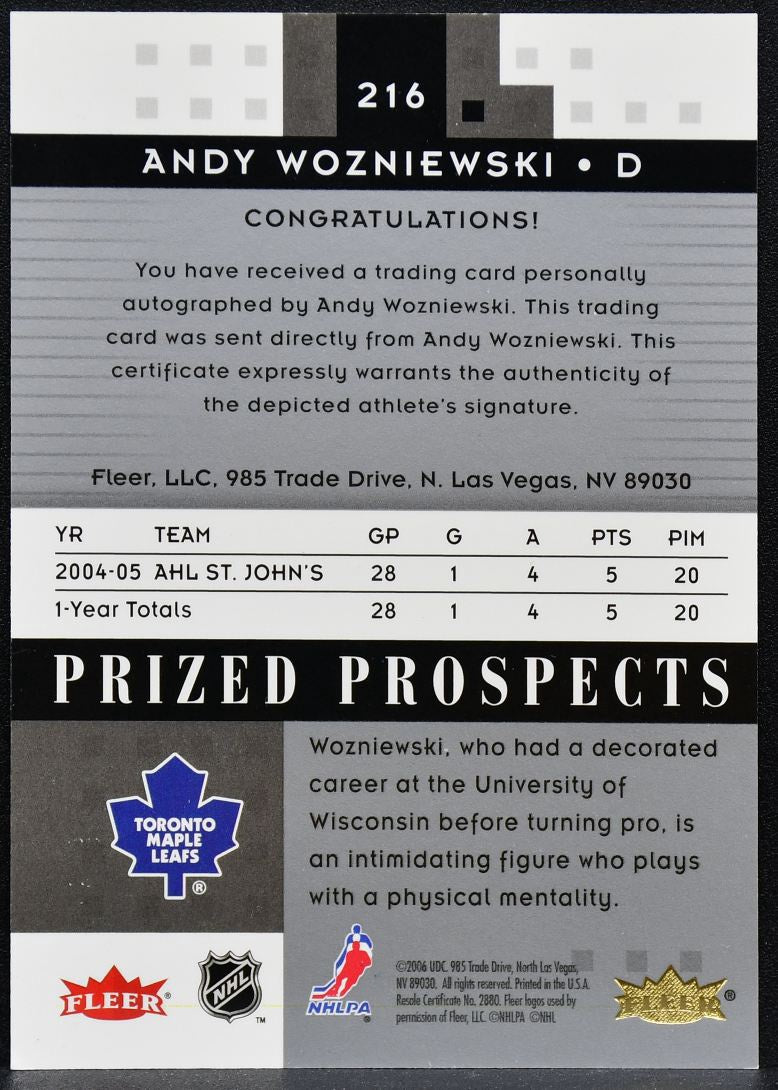 2005-06 Fleer Hot Prospects Prized Andrew Wozniewski 216 RC Auto 949/999 4563