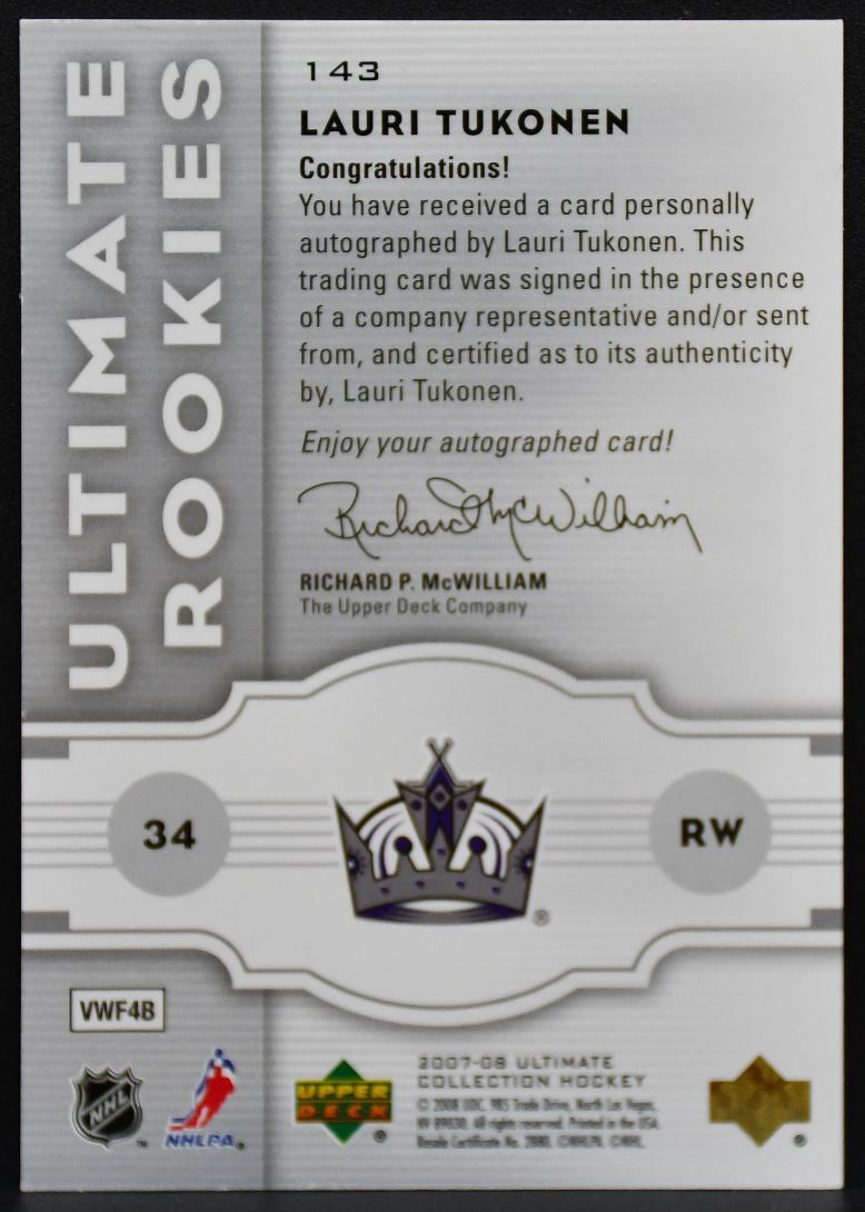 2007-08 UD Ultimate Collection RC Lauri Tukonen 143 Kings RC Auto 123/399 8034
