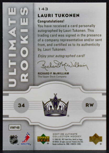 2007-08 UD Ultimate Collection RC Lauri Tukonen 143 Kings RC Auto 123/399 8034