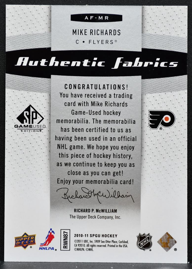2010-11 SP Game Used Authentic Fabrics Mike Richards AF-MR Flyers Jersey 5239