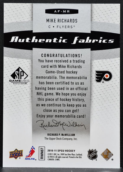 2010-11 SP Game Used Authentic Fabrics Mike Richards AF-MR Flyers Jersey 5239