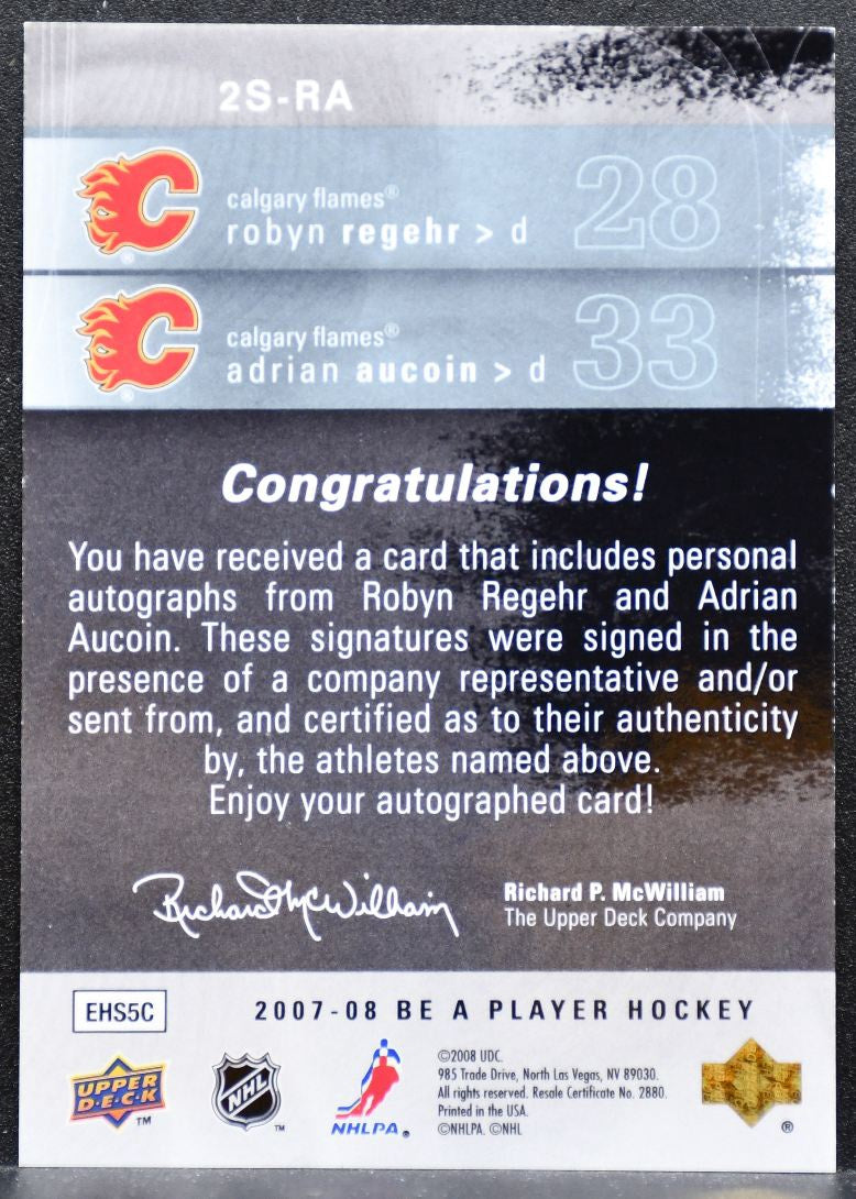 2007-08 UD Be a Player Signatures Duals Robyn Regehr/Adrian Aucoin Auto 6426