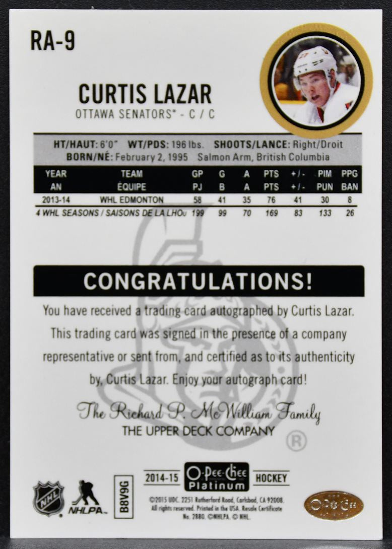 2014-15 O-Pee-Chee Platinum Rookie Autographs Curtis Lazar Senators RC Auto 2502