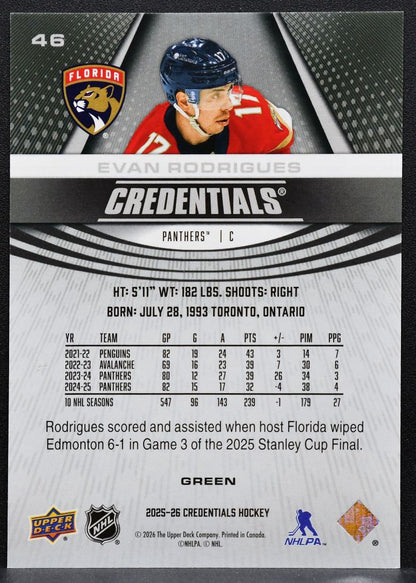 2025-26 Upper Deck Credentials Green Evan Rodrigues 46 Panthers 06/25 8099