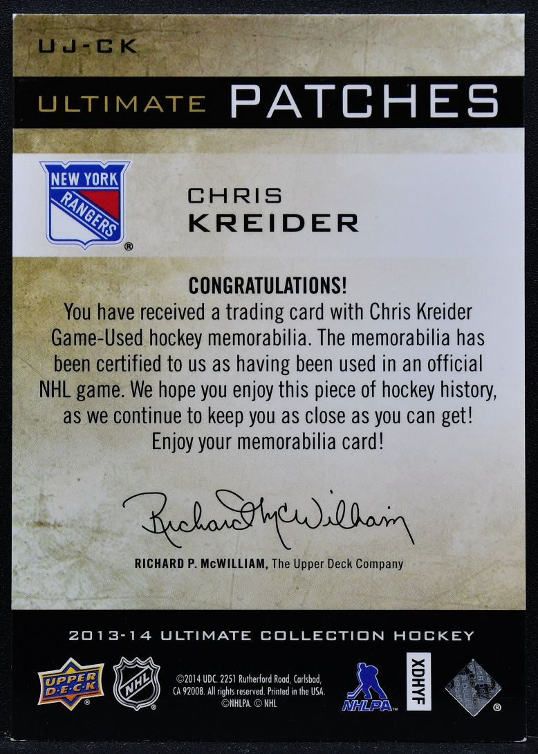 2013-14 Upper Deck Ultimate Collection Ultimate Patches Chris Kreider Patch 9248