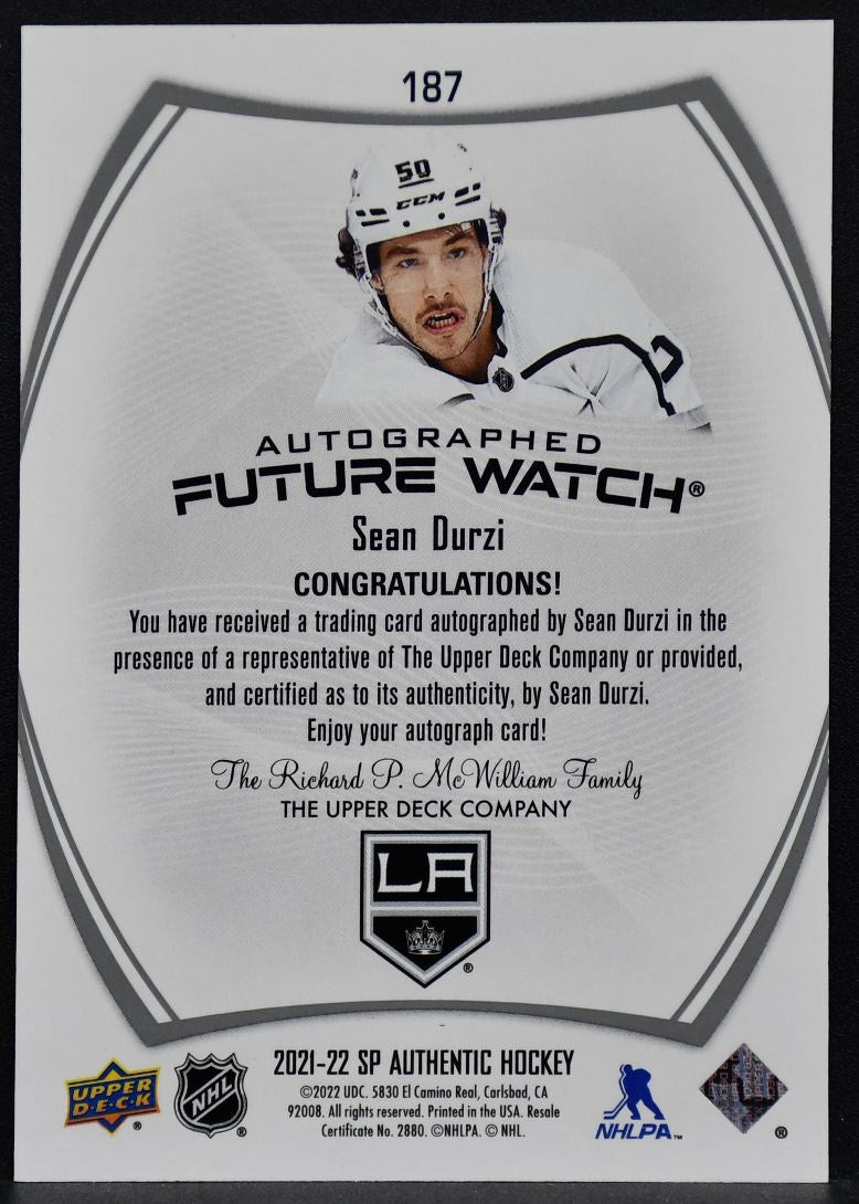 2021-22 SP Authentic Future Watch Auto Sean Durzi 187 Kings RC Auto 269/999