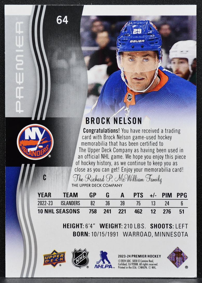 2023-24 UD Premier Memorabilia Jersey Brock Nelson 64 Islanders Jersey 6149
