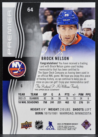 2023-24 UD Premier Memorabilia Jersey Brock Nelson 64 Islanders Jersey 6149