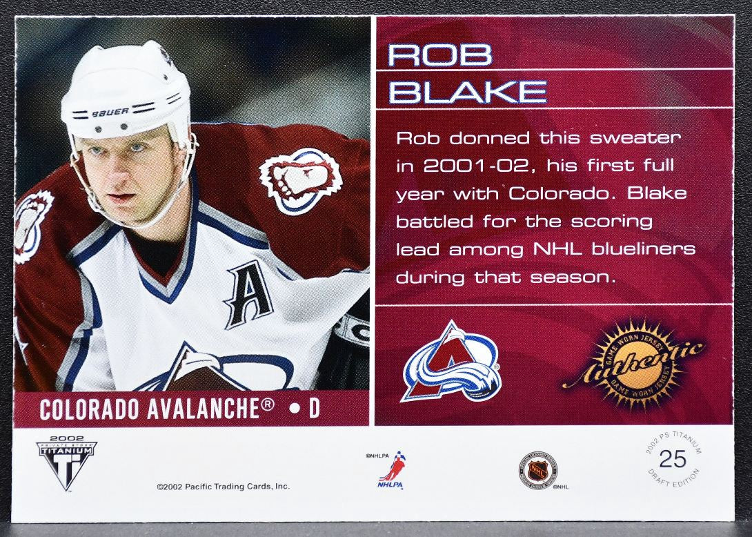 2001-02 Pacific Private Stock Titanium Draft Rob Blake 25 Avalanche Jersey 0455