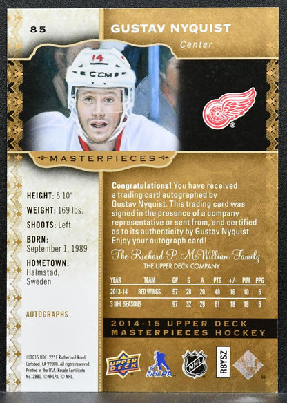2014-15 Upper Deck Masterpieces Autograph Gustav Nyquist 85 Red Wings Auto 0567